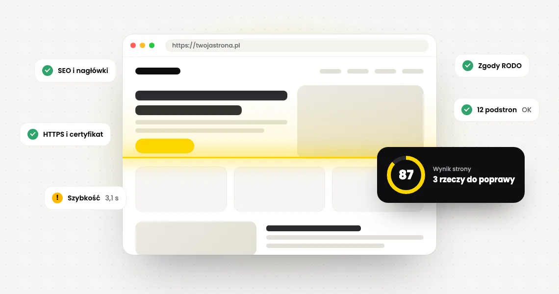 Skaner Darmowego Audytora przechodzi po stronie internetowej i sprawdza SEO, HTTPS, szybkość, zgody RODO i podstrony