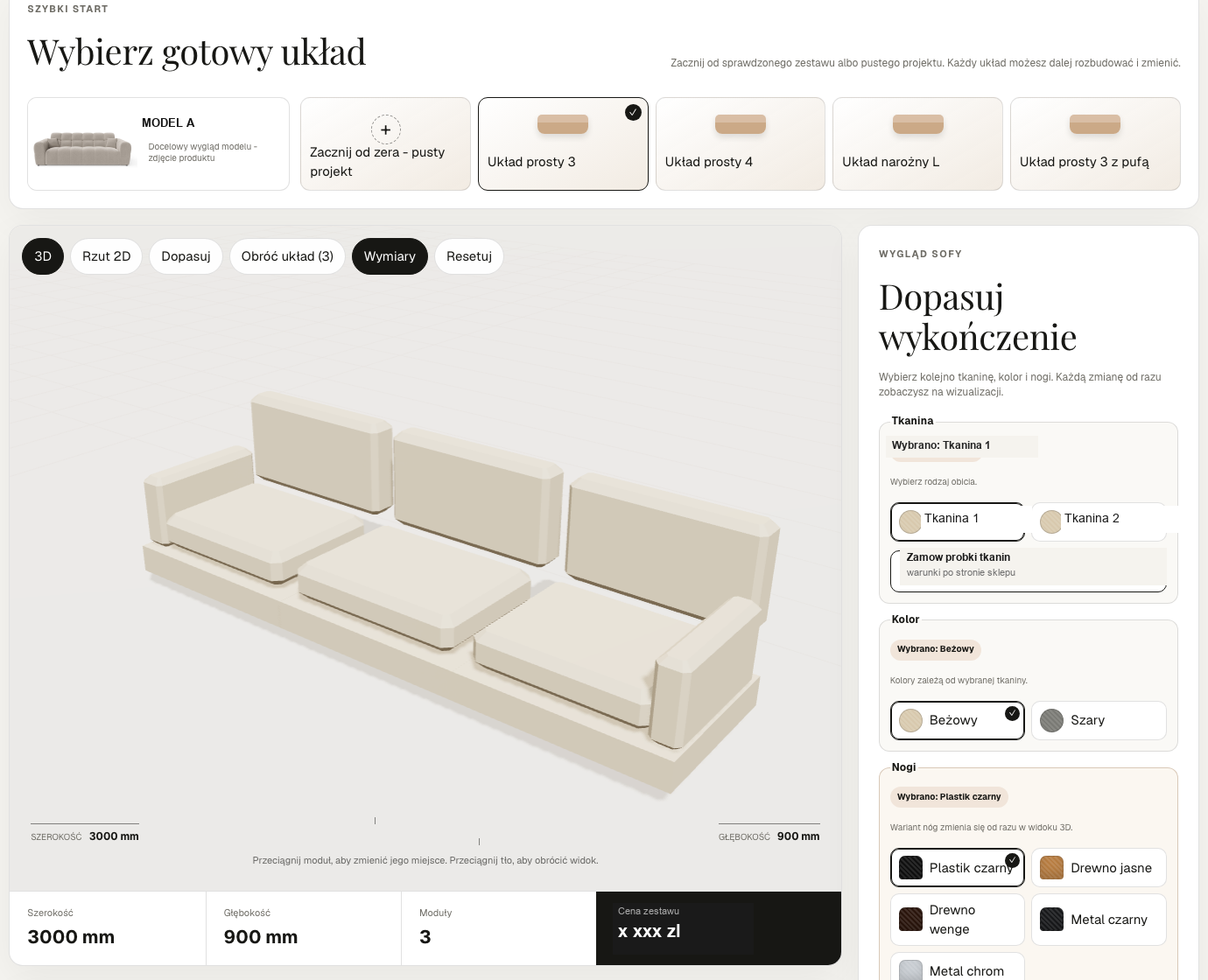 Konfigurator 3D w przeglądarce: podgląd sofy złożonej z trzech modułów, gotowe układy do wyboru, panel wykończenia z tkaniną, kolorem i nogami oraz pasek z szerokością, głębokością, liczbą modułów i ceną zestawu.