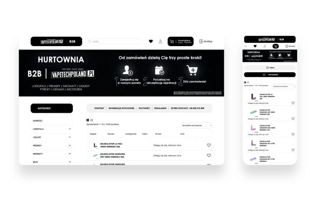 Strona sklepu internetowego B2B Vapetechpoland z nowoczesnym panelem administracyjnym i integracją systemów