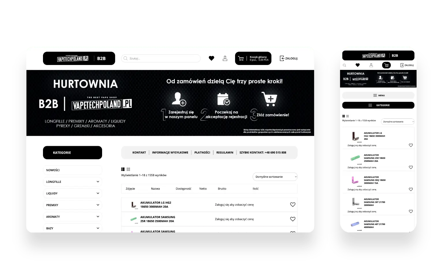 Strona sklepu internetowego B2B Vapetechpoland z nowoczesnym panelem administracyjnym i integracją systemów