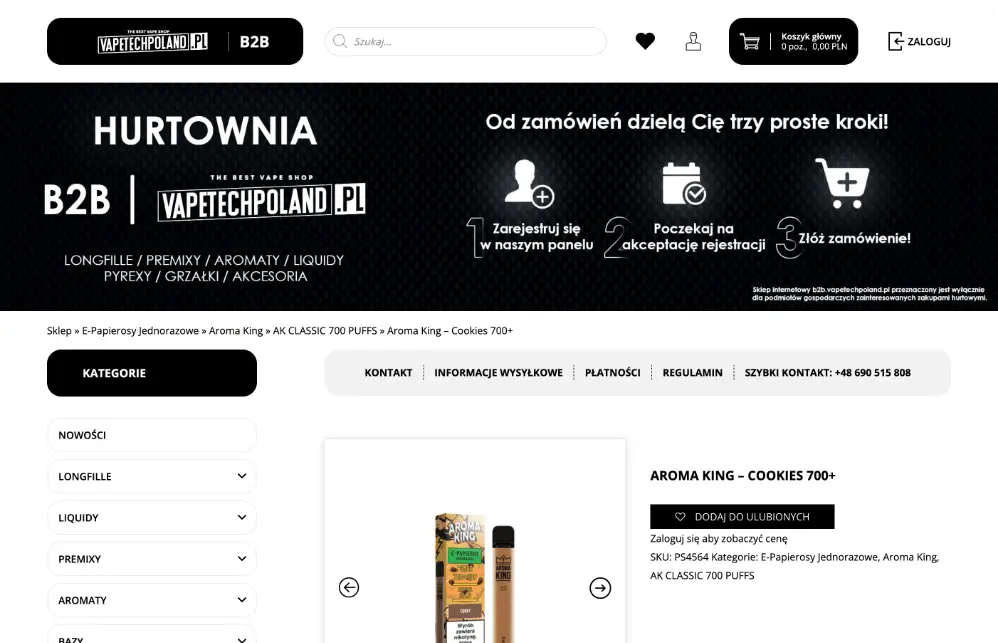 Nowoczesny sklep internetowy B2B Vapetechpoland dla hurtowni e-papierosów z intuicyjnym panelem administracyjnym