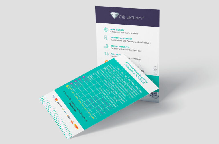 Ulotka reklamowa CristalChem z informacjami o produktach chemicznych na jasnym tle