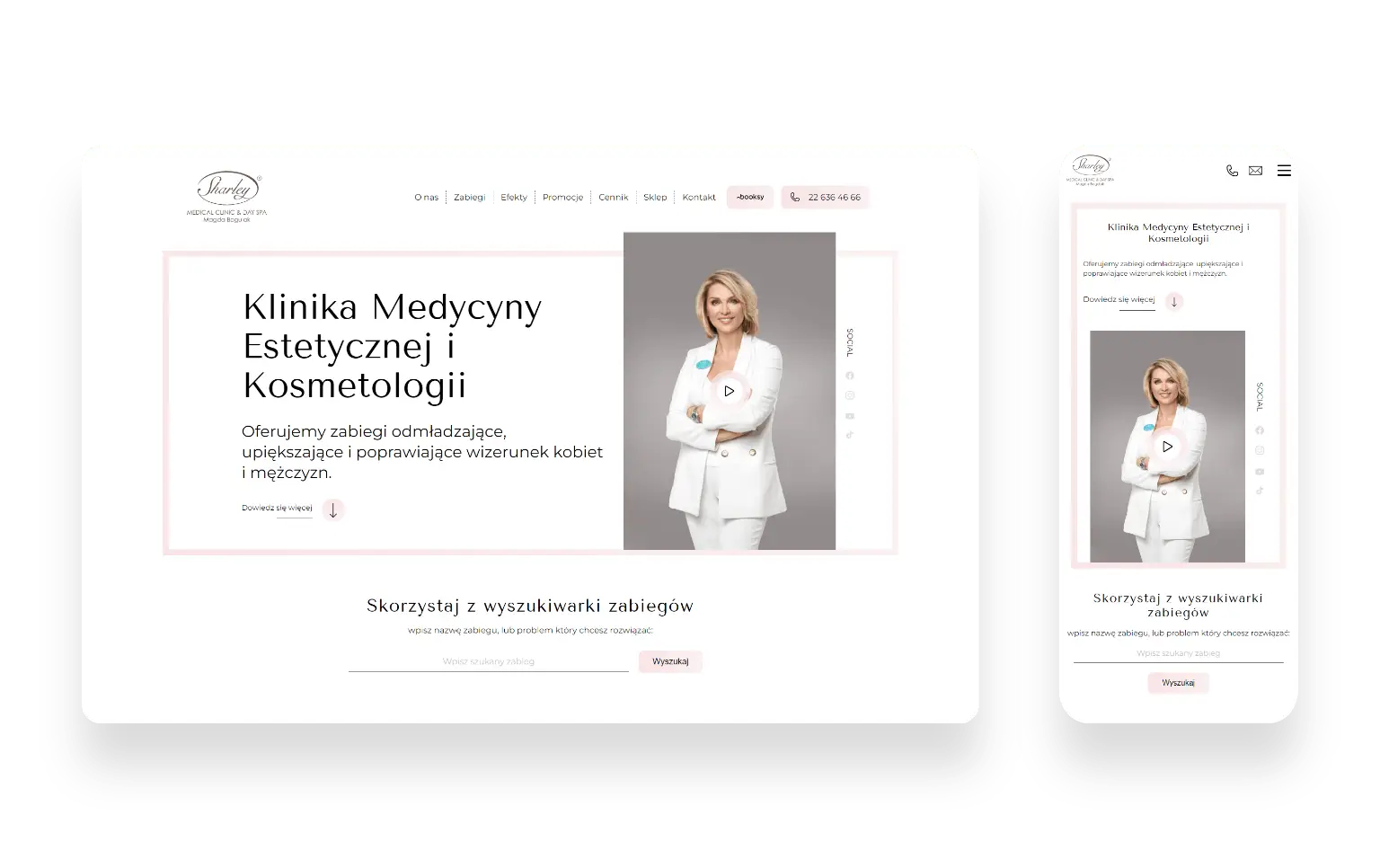 Nowoczesna strona internetowa kliniki medycyny estetycznej Sharley z Warszawy z animacjami i filmami w tle