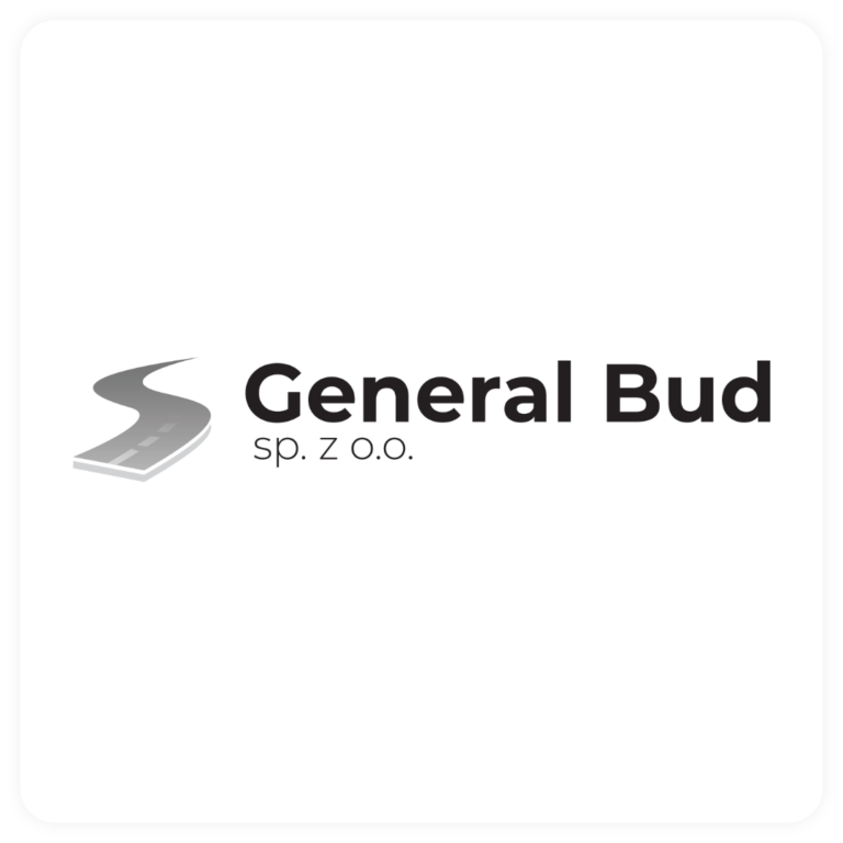 Logo firmy General Bud z nowoczesnym designem i niebiesko-szarymi elementami