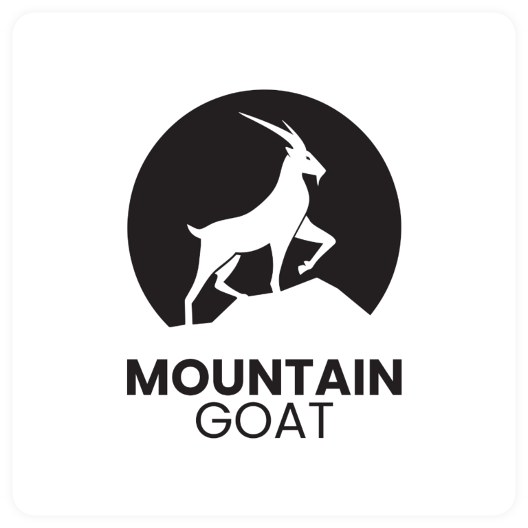 Logo Mountain Goat z sylwetką kozy górskiej na białym tle