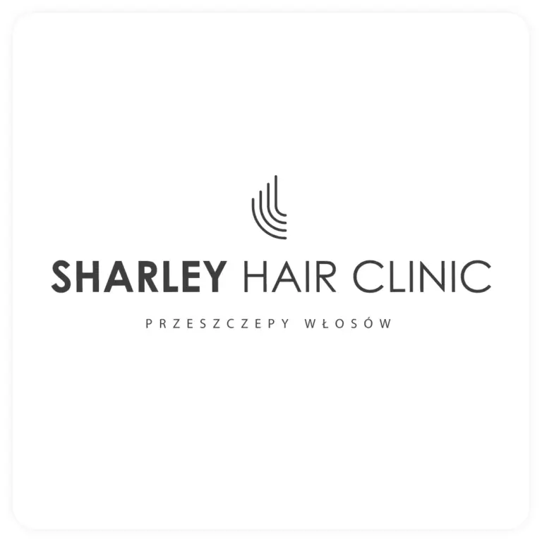 Logo Sharley Hair Clinic z nowoczesnym fontem i ikoną włosów
