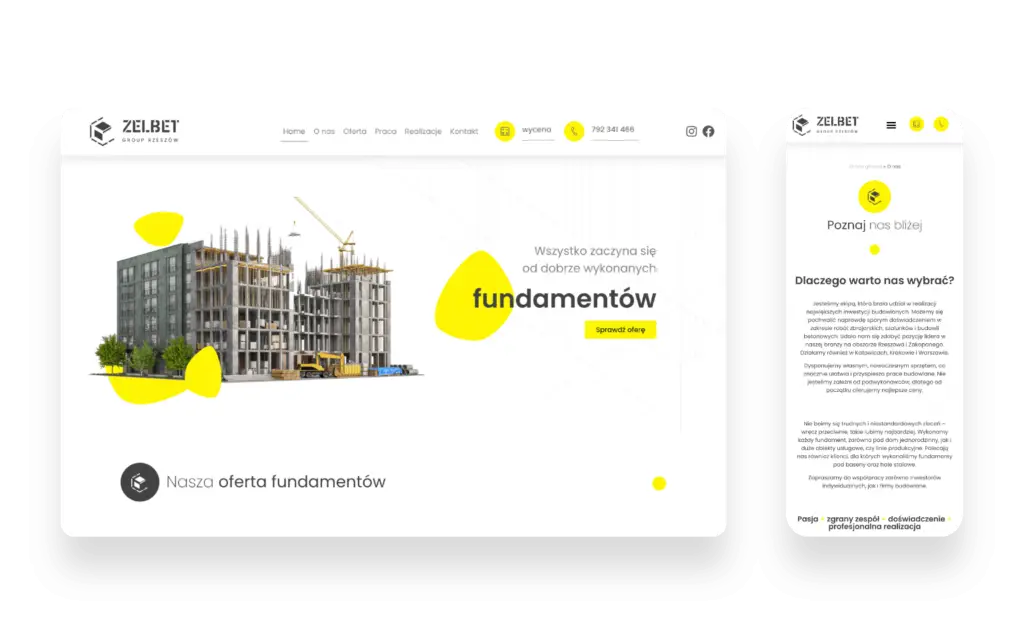 Strona internetowa firmy Fundamenty z białym tłem i żółtymi akcentami, prezentująca ofertę wykonania fundamentów