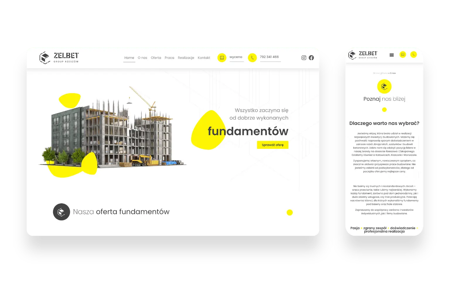 Strona internetowa firmy Fundamenty z białym tłem i żółtymi akcentami, prezentująca ofertę wykonania fundamentów