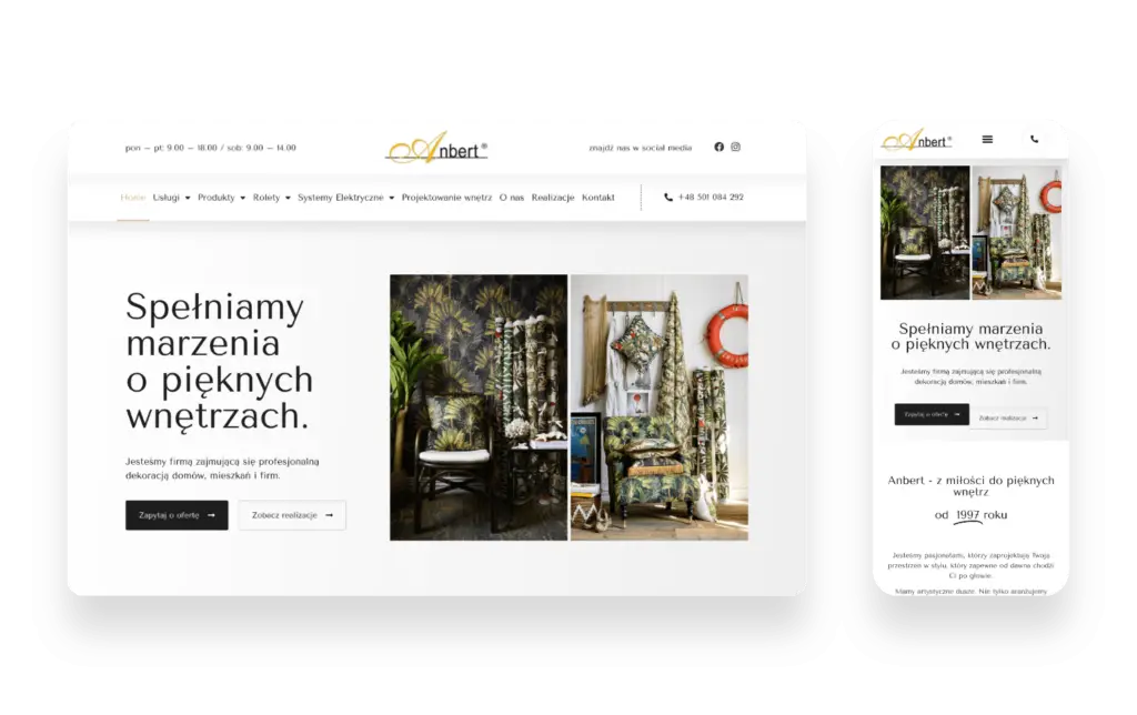 Strona internetowa Anbert prezentująca aranżację wnętrz ze stylowymi zasłonami i firanami