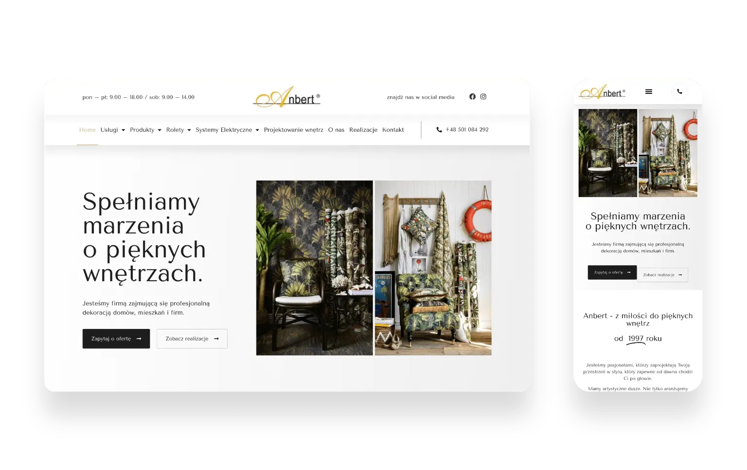 Strona internetowa Anbert prezentująca aranżację wnętrz ze stylowymi zasłonami i firanami