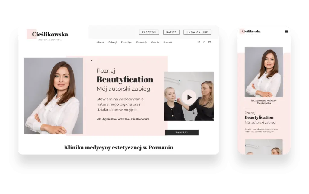 Strona internetowa kliniki medycyny estetycznej Cieślikowska z Warszawy o eleganckim i kobiecym designie