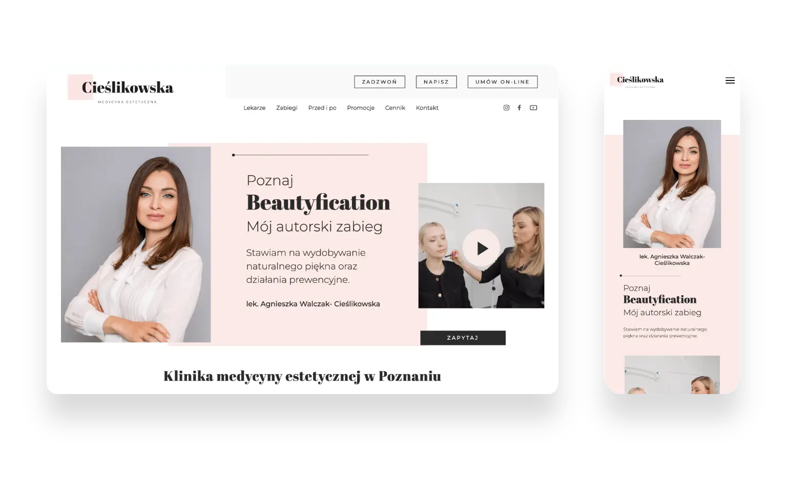Strona internetowa kliniki medycyny estetycznej Cieślikowska z Warszawy o eleganckim i kobiecym designie