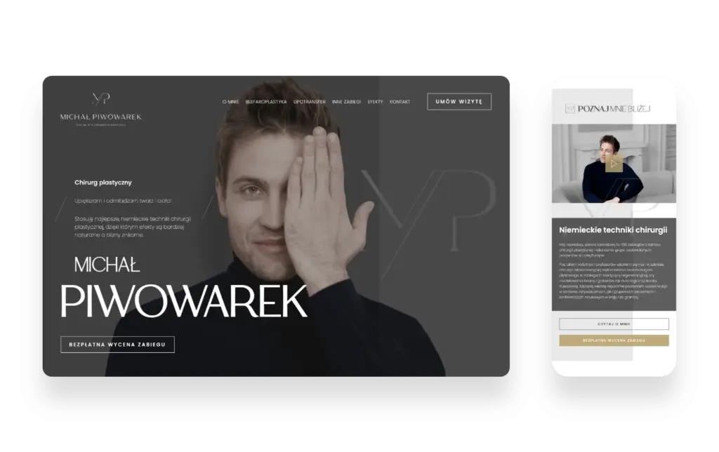 Nowoczesna strona internetowa chirurga plastycznego Piwowarka z naturalną kolorystyką i formularzem wyceny zabiegów