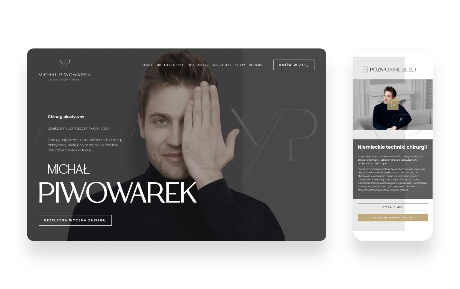 Nowoczesna strona internetowa chirurga plastycznego Piwowarka z naturalną kolorystyką i formularzem wyceny zabiegów