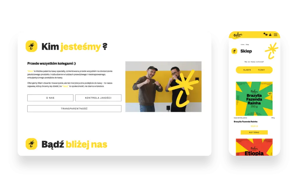 Strona internetowa palarni kawy ISKRA z żółtym motywem i sklepem online