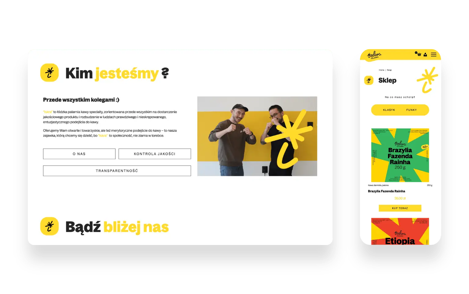 Strona internetowa palarni kawy ISKRA z żółtym motywem i sklepem online