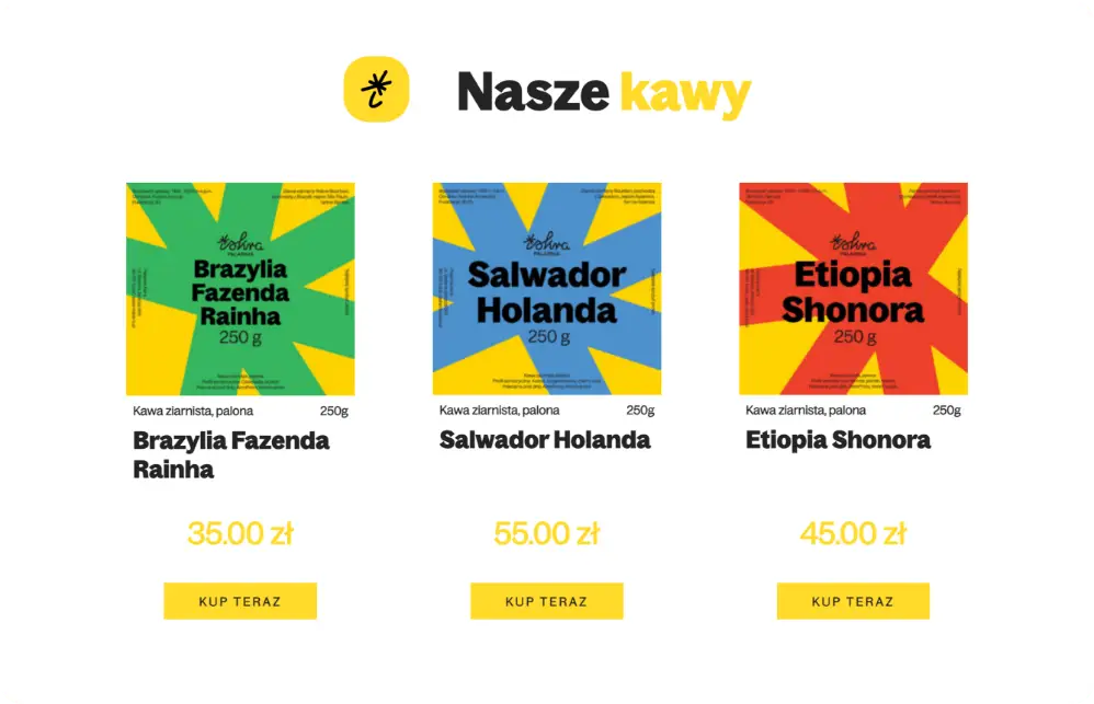 Strona internetowa palarni kawy ISKRA z żółtą kolorystyką i intuicyjnym układem graficznym