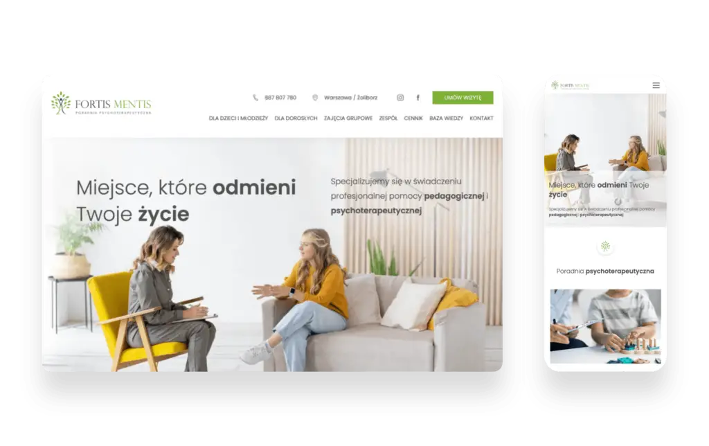 Strona internetowa Fortis Mentis dla poradni psychoterapeutycznej z Warszawy z intuicyjnym układem i bezpiecznym formula