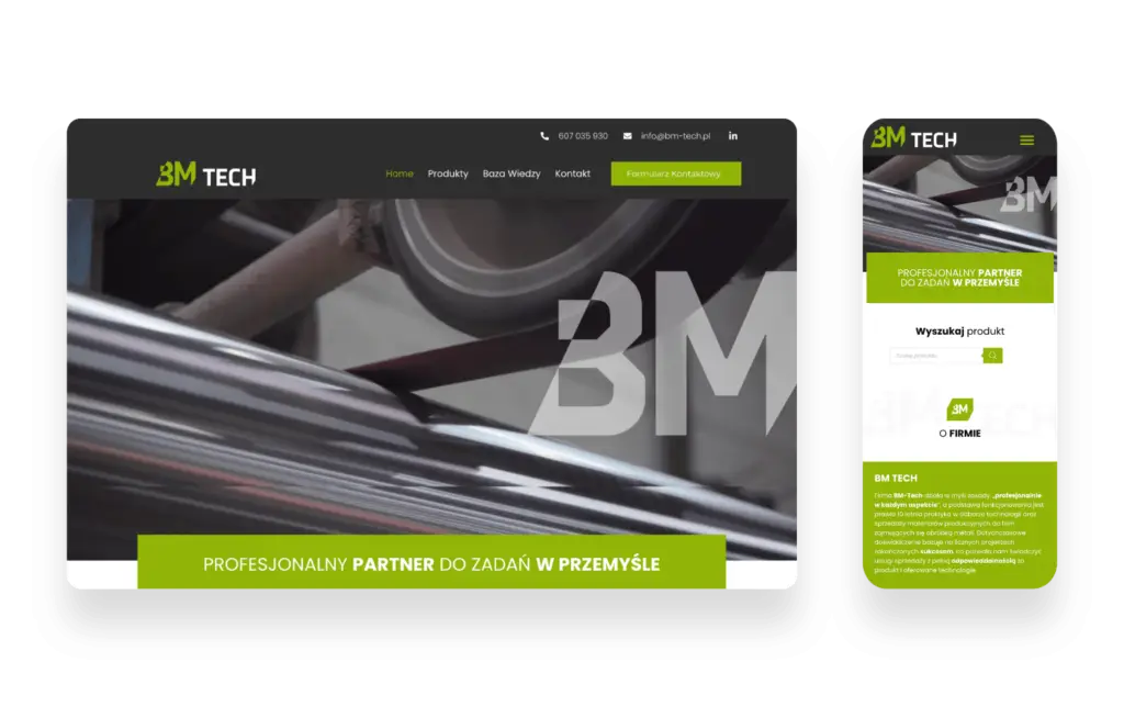 Strona internetowa BM Tech prezentująca maszyny do obróbki metali z zielono-czarnym designem