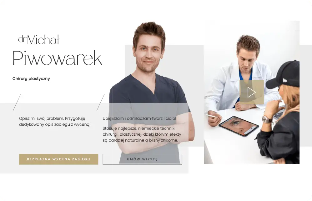 Strona internetowa chirurga plastycznego Piwowarka z naturalną kolorystyką i formularzem wyceny zabiegów