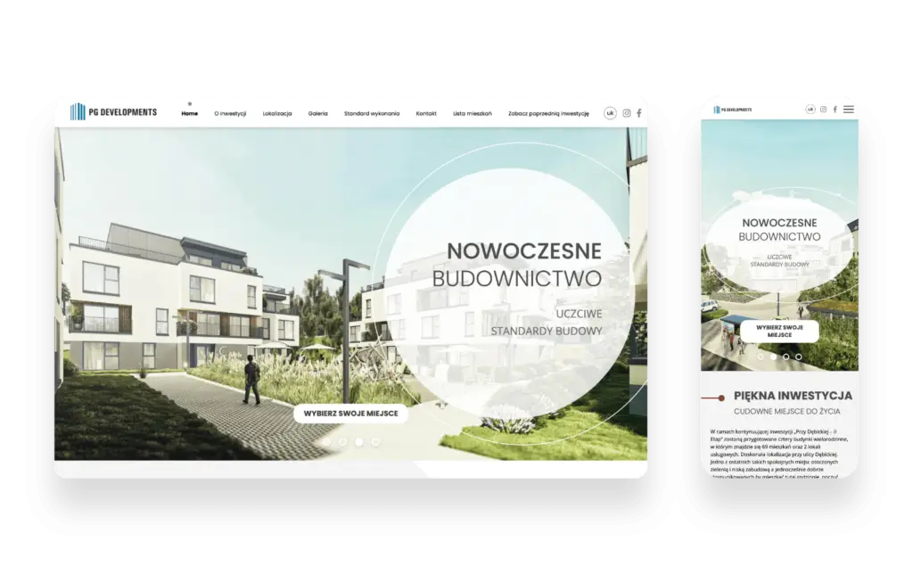 Interaktywny projekt strony internetowej PG Developments z wyszukiwarką mieszkań i planami pięter