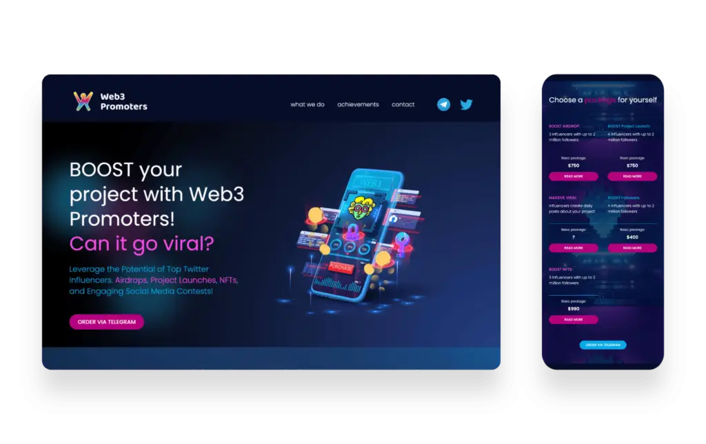 Strona internetowa WEB3 Promoters z ciemnym tłem i neonowymi grafikami promująca kampanie na Twitterze