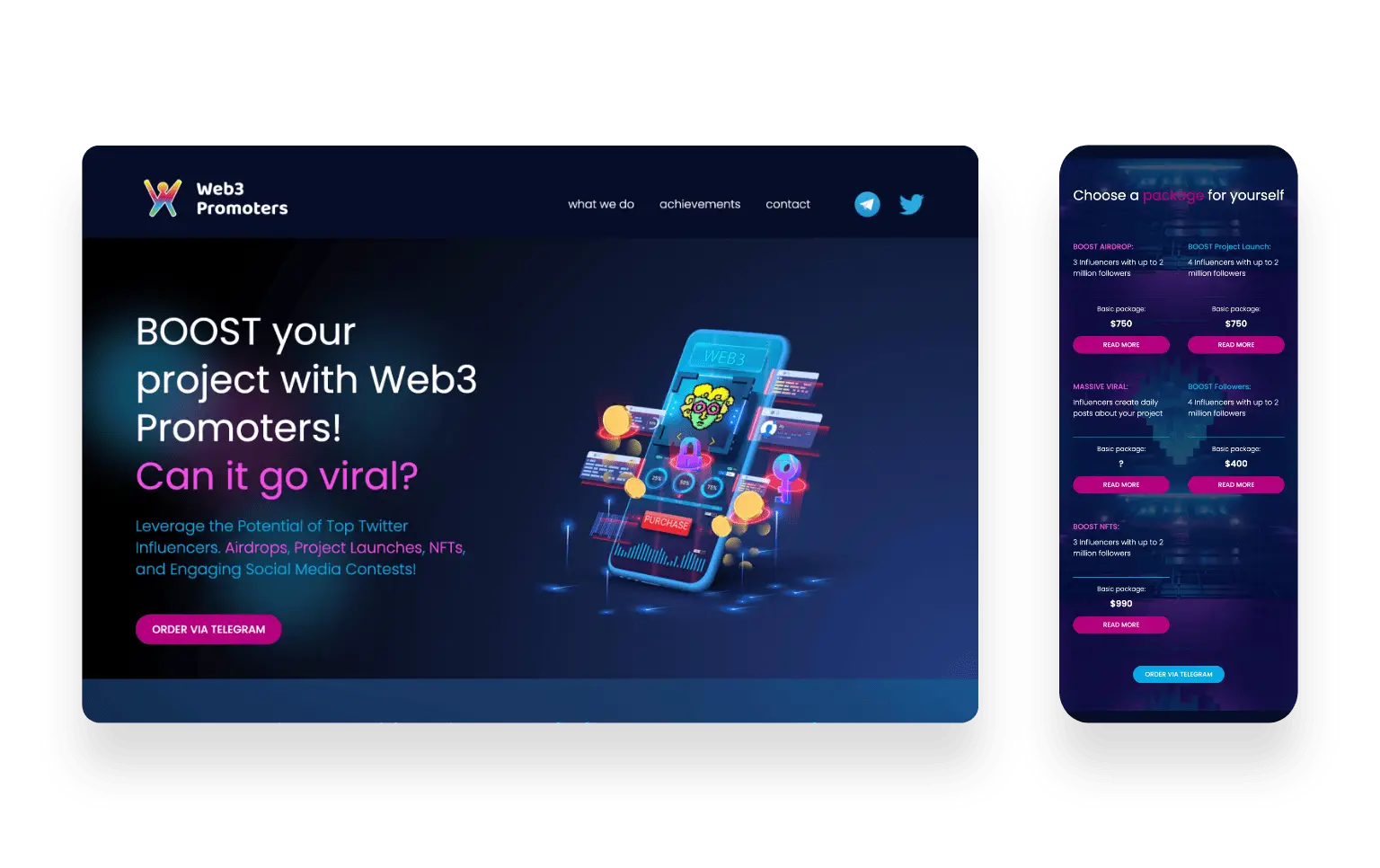 Strona internetowa WEB3 Promoters z ciemnym tłem i neonowymi grafikami promująca kampanie na Twitterze