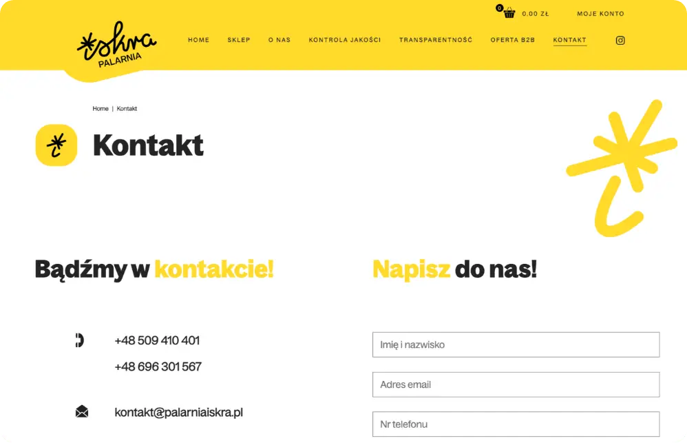 Strona internetowa palarni kawy ISKRA z żółtym motywem, sklepem online i intuicyjnym interfejsem