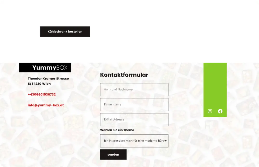 Nowoczesna strona internetowa Yummy Box z Wiednia prezentująca ofertę cateringu i inteligentnej lodówki