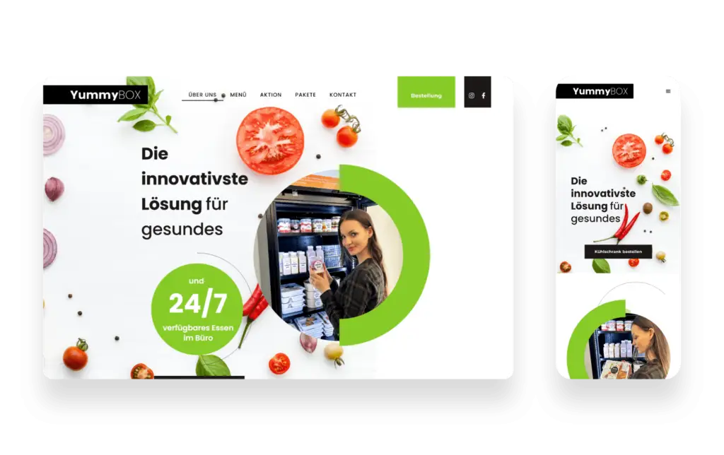 Strona internetowa Yummy Box z Wiednia prezentująca nowoczesny catering i inteligentną lodówkę dla firm