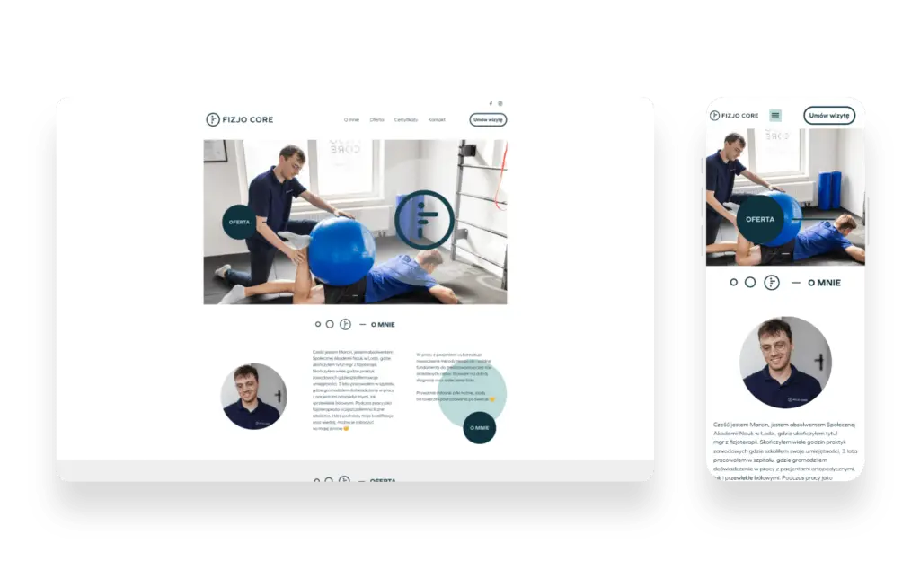 Nowoczesna strona internetowa Fizjo Core dla fizjoterapeuty z intuicyjnym interfejsem i możliwością umawiania wizyt onli