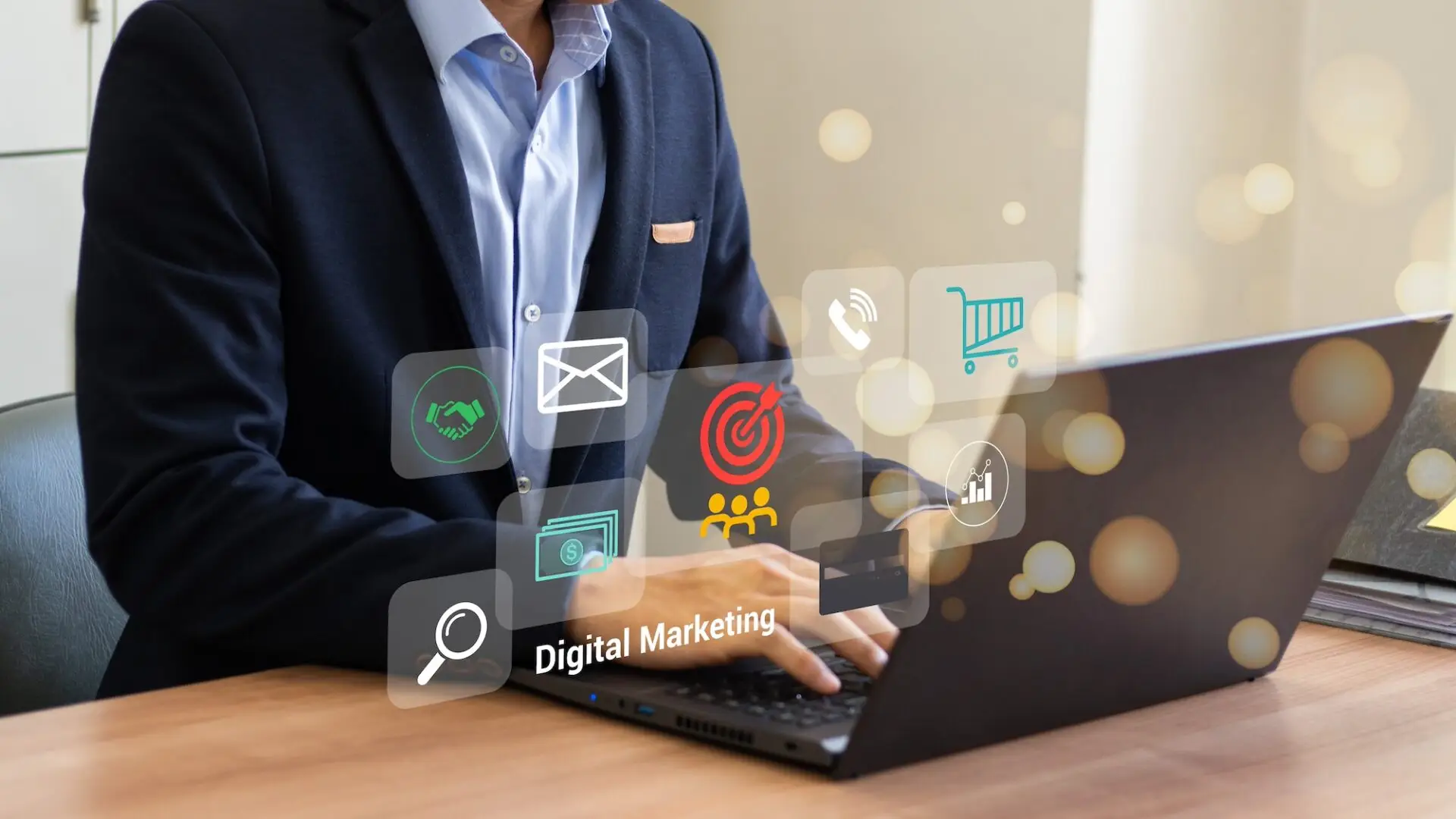 Koncepcja marketingu cyfrowego z ikonami e-commerce, SEO, mediów społecznościowych i sprzedaży online