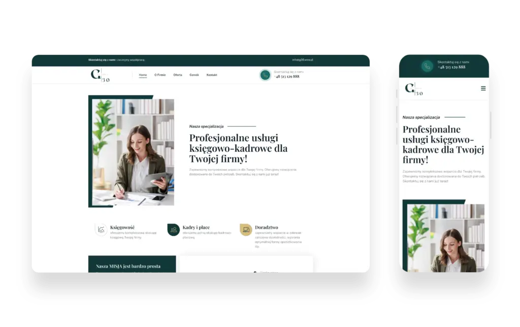 Nowoczesny interfejs strony internetowej G30 oferującej profesjonalne usługi księgowo-kadrowe