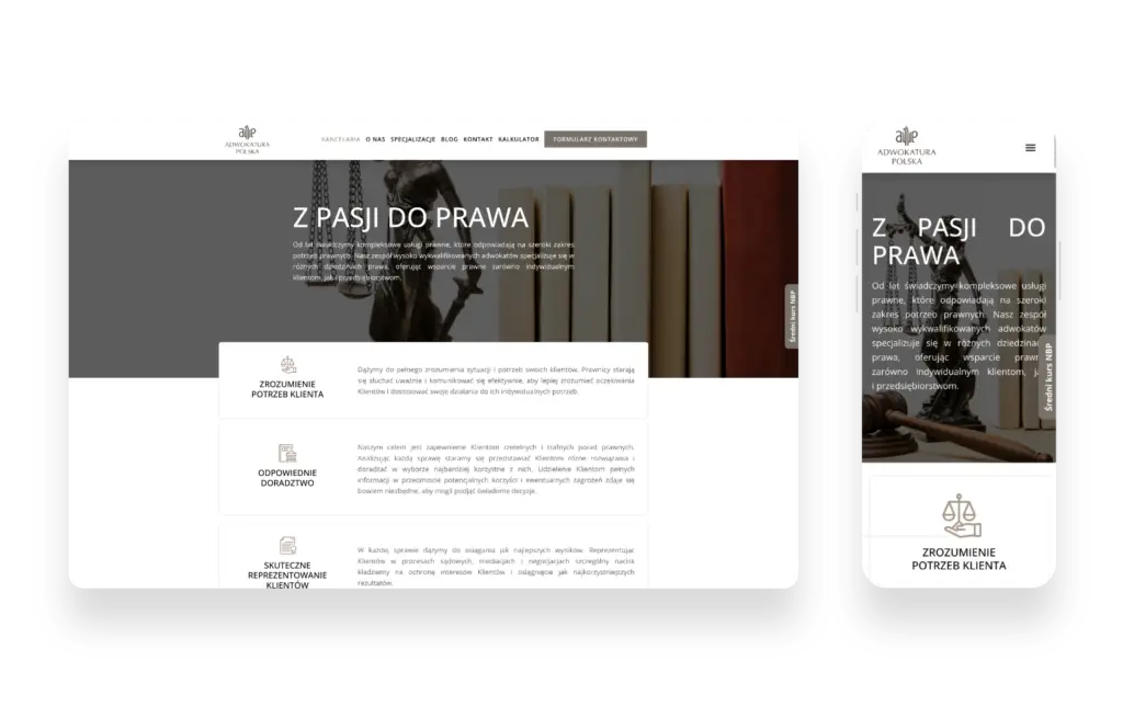 Profesjonalny interfejs strony internetowej kancelarii Adwokatura Polska z nowoczesnym designem i funkcjami UX/UI