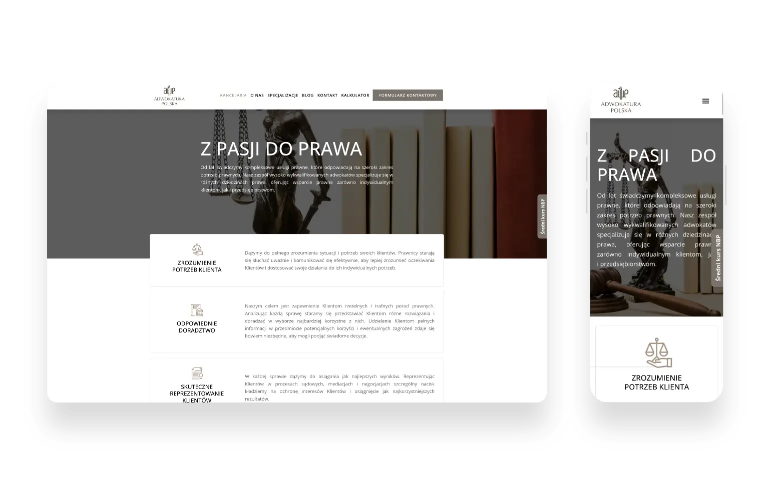 Profesjonalny interfejs strony internetowej kancelarii Adwokatura Polska z nowoczesnym designem i funkcjami UX/UI