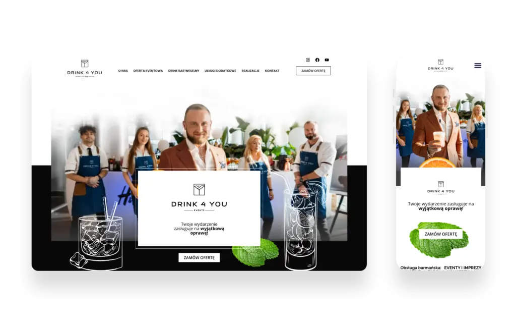 Interfejs strony Drink4You z nowoczesnym designem i intuicyjną nawigacją dla firmy eventowej