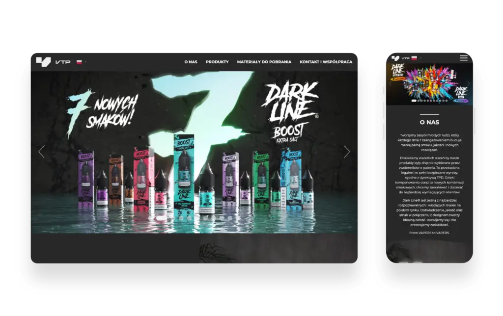 Zrzut ekranu nowoczesnej strony sklepu internetowego VAPETECHPOLAND z produktami vapingowymi