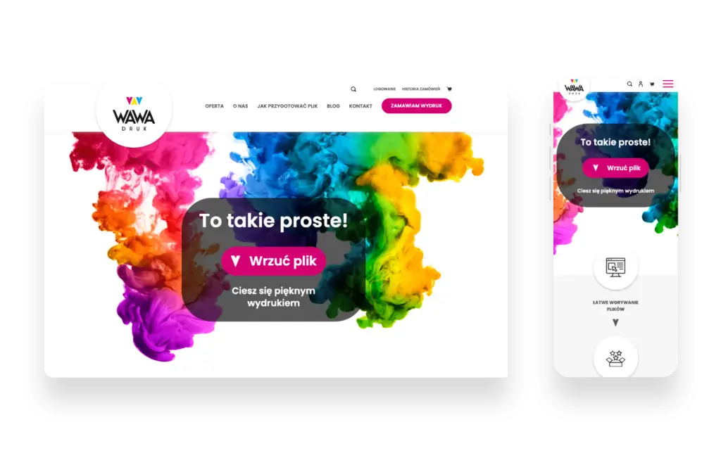 Zrzut ekranu nowoczesnej strony sklepu internetowego WAWA Druk z produktami poligraficznymi