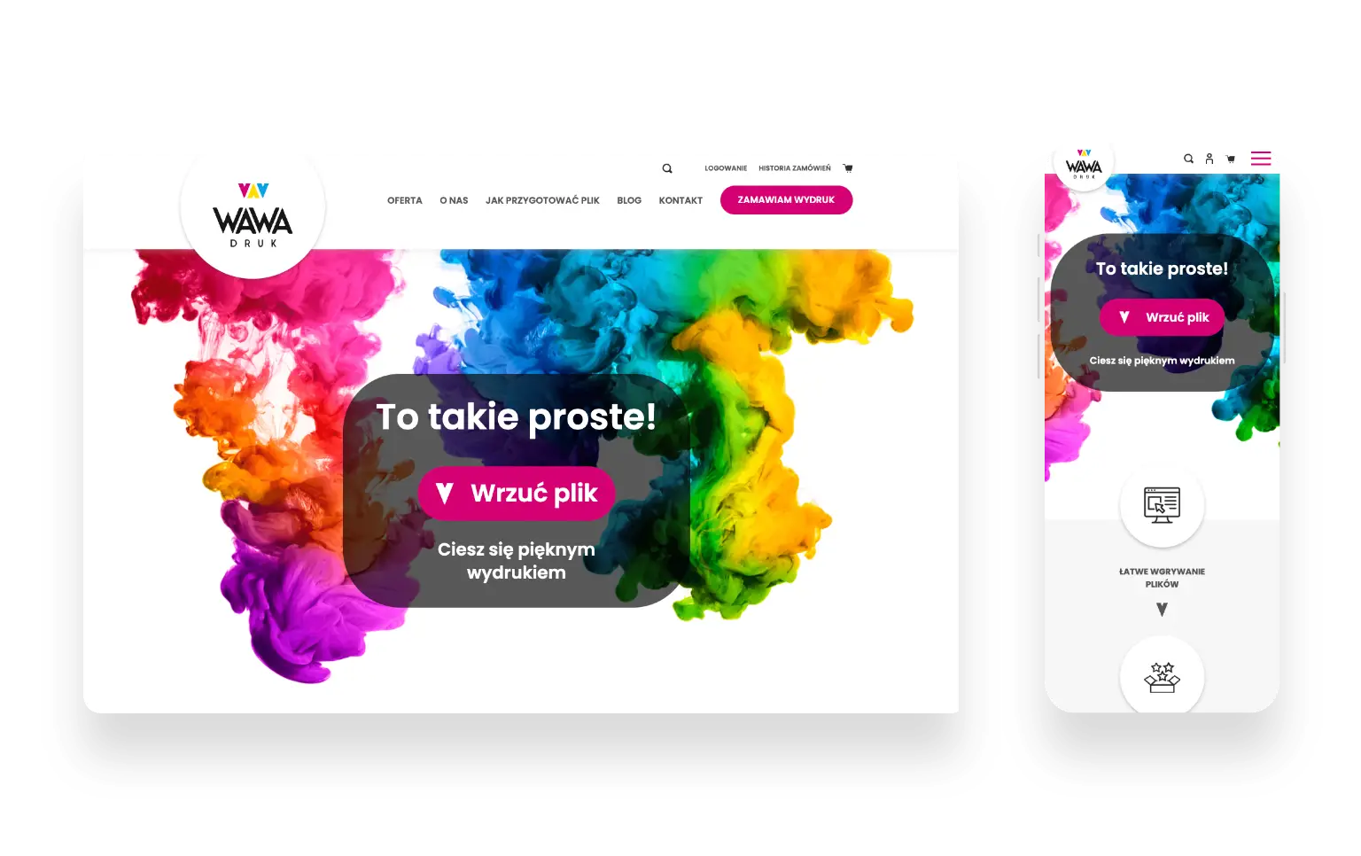 Zrzut ekranu nowoczesnej strony sklepu internetowego WAWA Druk z produktami poligraficznymi