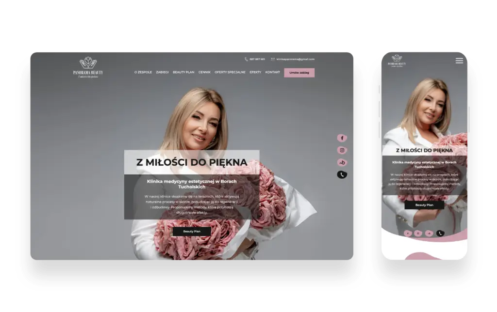 Zrzut ekranu nowoczesnej strony internetowej Panorama Beauty z intuicyjnym interfejsem i ofertą usług beauty