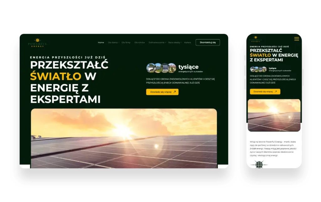 Interfejs strony Powerful Energy z nowoczesnym designem i elementami dotyczącymi odnawialnych źródeł energii