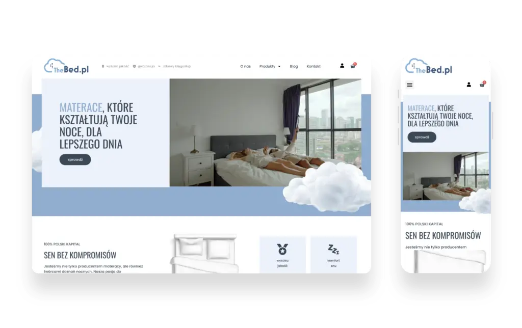 Wizualizacja projektu strony internetowej The Bed z nowoczesnym interfejsem UX/UI dla producenta materacy