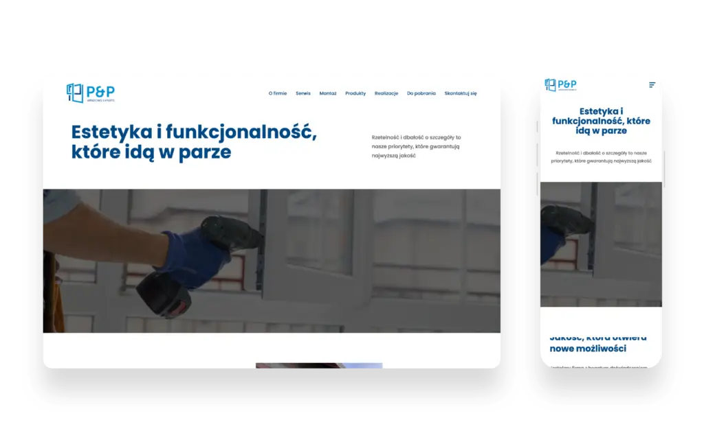 Interfejs strony P&P Windows Experts z ofertą okien PCV i aluminium oraz drzwi i bram garażowych