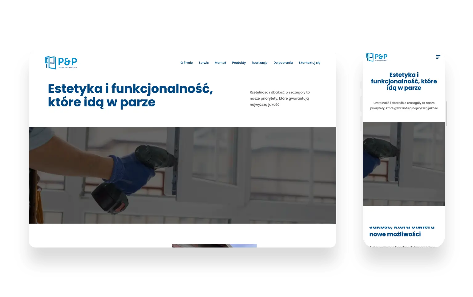 Interfejs strony P&P Windows Experts z ofertą okien PCV i aluminium oraz drzwi i bram garażowych