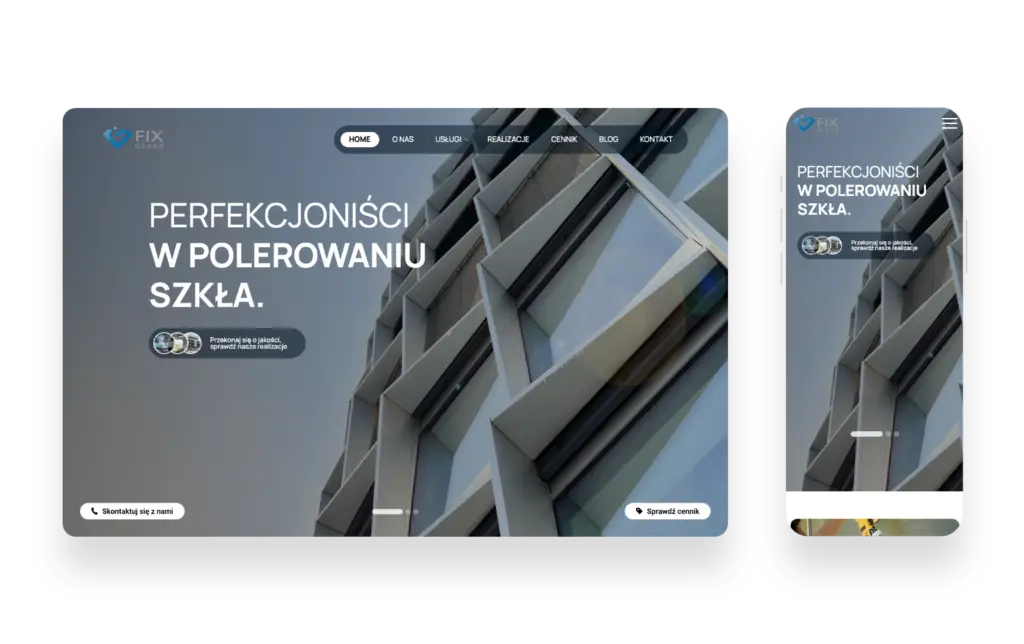 Wizualizacja projektu strony Fix Glass z liczbami od 1 do 9 na tle grafiki