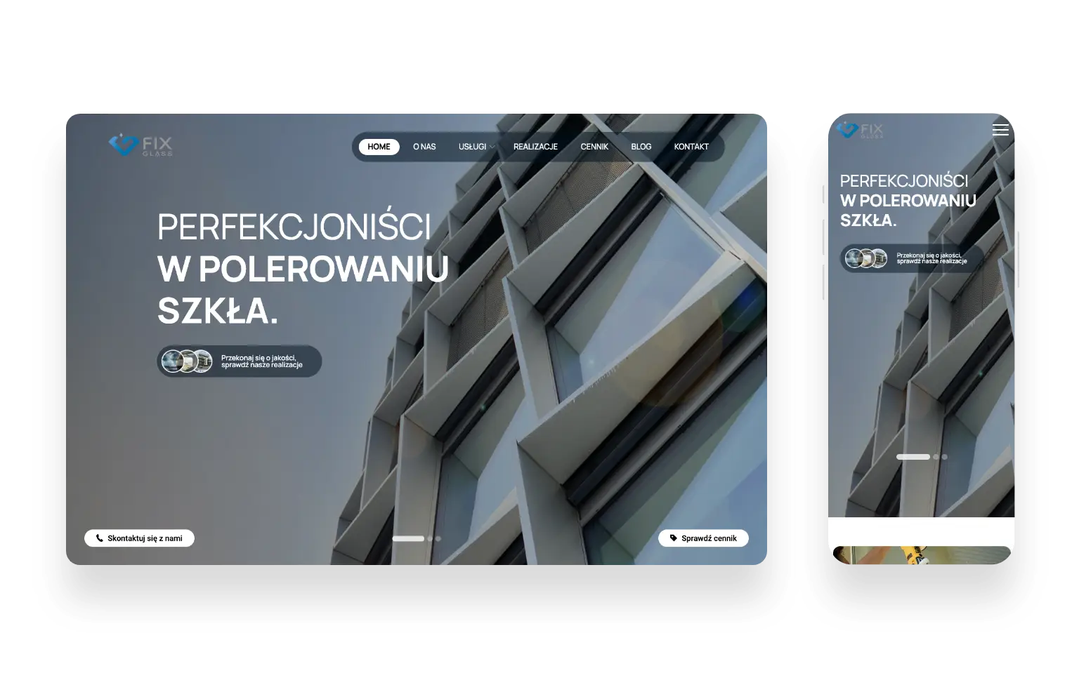 Wizualizacja projektu strony Fix Glass z liczbami od 1 do 9 na tle grafiki