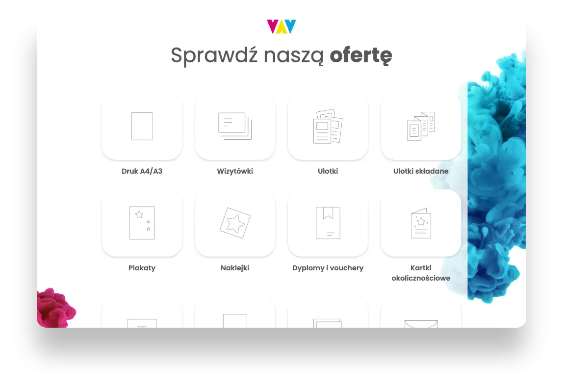 Nowoczesny interfejs sklepu internetowego WAWA Druk z produktami poligraficznymi i intuicyjną nawigacją