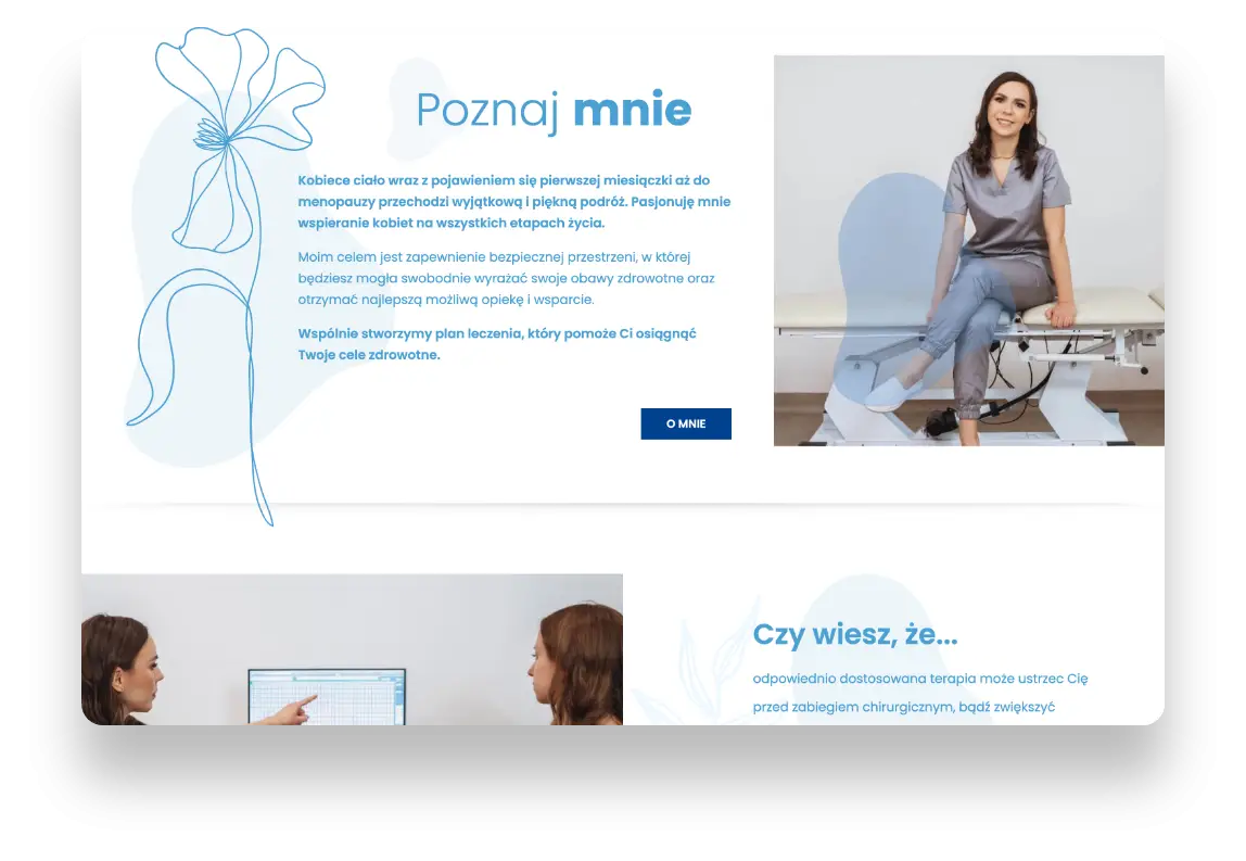 Nowoczesny interfejs strony Fizjoterapia Kobieca Monika Grzegorzewicz z intuicyjną nawigacją i formularzem kontaktowym