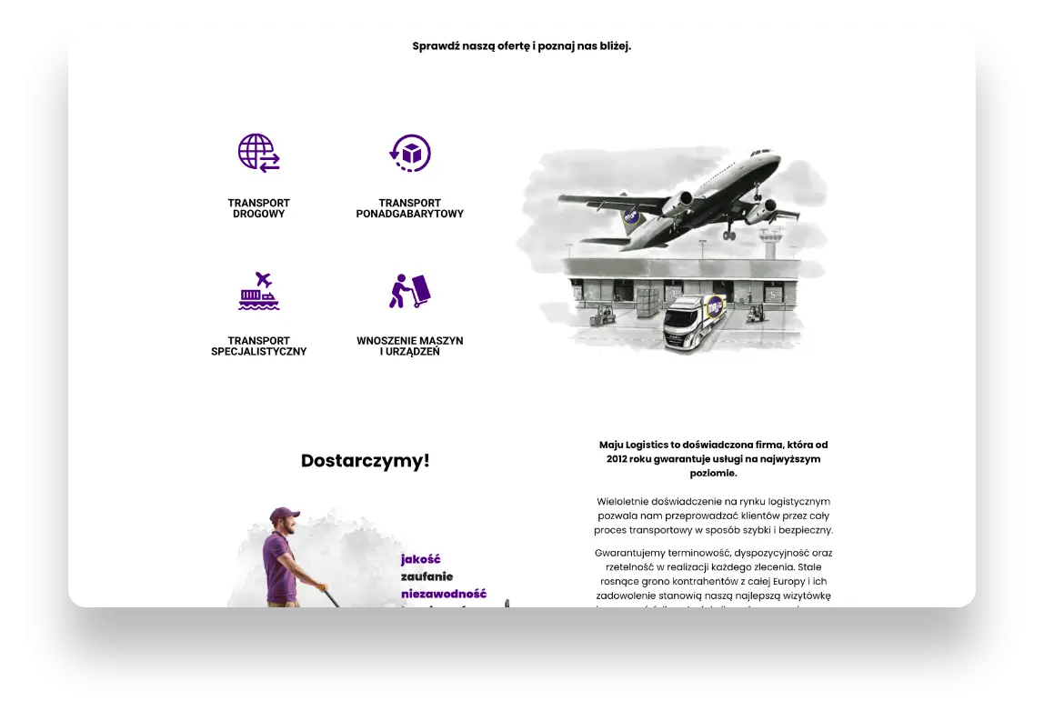 Nowoczesny interfejs strony Maju Logistic z elementami UX/UI dla branży transportu i logistyki