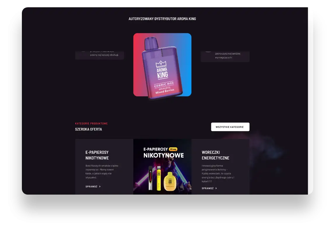 Nowoczesny interfejs sklepu internetowego eVapes z produktami e-papierosów i systemów zamkniętych